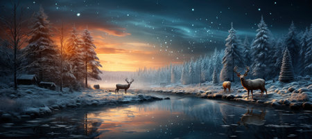 Festive snowy scene featuring snow-covered hills, a mountainous village, deer, woodland, pine trees, and reindeer. Seasonal natural backdrop with fox, elevations, and dwellingsの素材