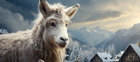 Festive snowy scene featuring snow-covered hills, a mountainous village, deer, woodland, pine trees, and reindeer. Seasonal natural backdrop with fox, elevations, and dwellingsの素材