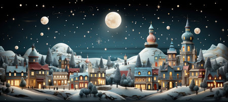 Festive snowy scene featuring snow-covered hills, a mountainous village, deer, woodland, pine trees, and reindeer. Seasonal natural backdrop with fox, elevations, and dwellingsの素材
