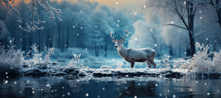 Festive snowy scene featuring snow-covered hills, a mountainous village, deer, woodland, pine trees, and reindeer. Seasonal natural backdrop with fox, elevations, and dwellingsの素材