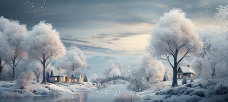 Festive snowy scene featuring snow-covered hills, a mountainous village, deer, woodland, pine trees, and reindeer. Seasonal natural backdrop with fox, elevations, and dwellingsの素材