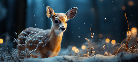 Festive snowy scene featuring snow-covered hills, a mountainous village, deer, woodland, pine trees, and reindeer. Seasonal natural backdrop with fox, elevations, and dwellingsの素材