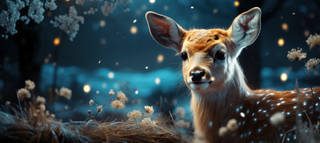 Festive snowy scene featuring snow-covered hills, a mountainous village, deer, woodland, pine trees, and reindeer. Seasonal natural backdrop with fox, elevations, and dwellingsの素材