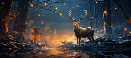 Festive snowy scene featuring snow-covered hills, a mountainous village, deer, woodland, pine trees, and reindeer. Seasonal natural backdrop with fox, elevations, and dwellingsの素材