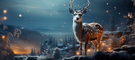 Festive snowy scene featuring snow-covered hills, a mountainous village, deer, woodland, pine trees, and reindeer. Seasonal natural backdrop with fox, elevations, and dwellingsの素材
