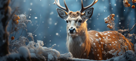 Festive snowy scene featuring snow-covered hills, a mountainous village, deer, woodland, pine trees, and reindeer. Seasonal natural backdrop with fox, elevations, and dwellingsの素材