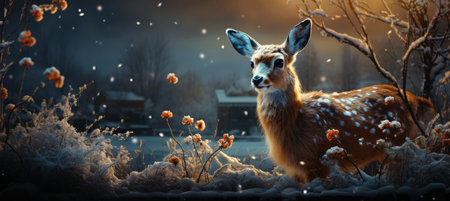 Festive snowy scene featuring snow-covered hills, a mountainous village, deer, woodland, pine trees, and reindeer. Seasonal natural backdrop with fox, elevations, and dwellingsの素材