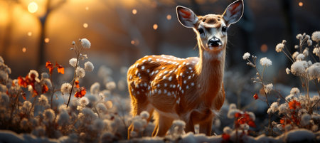 Festive snowy scene featuring snow-covered hills, a mountainous village, deer, woodland, pine trees, and reindeer. Seasonal natural backdrop with fox, elevations, and dwellingsの素材