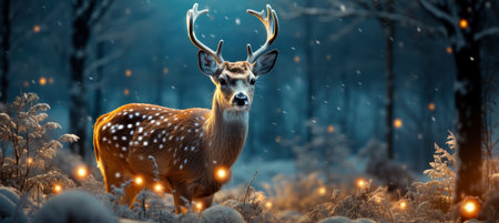 Festive snowy scene featuring snow-covered hills, a mountainous village, deer, woodland, pine trees, and reindeer. Seasonal natural backdrop with fox, elevations, and dwellingsの素材