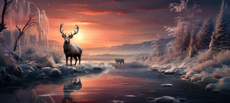 Festive snowy scene featuring snow-covered hills, a mountainous village, deer, woodland, pine trees, and reindeer. Seasonal natural backdrop with fox, elevations, and dwellingsの素材