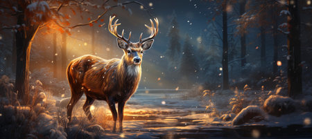 Festive snowy scene featuring snow-covered hills, a mountainous village, deer, woodland, pine trees, and reindeer. Seasonal natural backdrop with fox, elevations, and dwellingsの素材