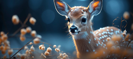 Festive snowy scene featuring snow-covered hills, a mountainous village, deer, woodland, pine trees, and reindeer. Seasonal natural backdrop with fox, elevations, and dwellingsの素材