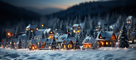 Festive snowy scene featuring snow-covered hills, a mountainous village, deer, woodland, pine trees, and reindeer. Seasonal natural backdrop with fox, elevations, and dwellingsの素材