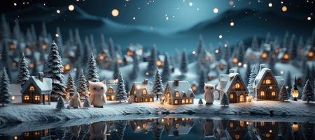 Festive snowy scene featuring snow-covered hills, a mountainous village, deer, woodland, pine trees, and reindeer. Seasonal natural backdrop with fox, elevations, and dwellingsの素材