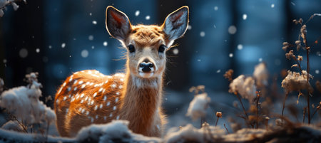 Festive snowy scene featuring snow-covered hills, a mountainous village, deer, woodland, pine trees, and reindeer. Seasonal natural backdrop with fox, elevations, and dwellingsの素材