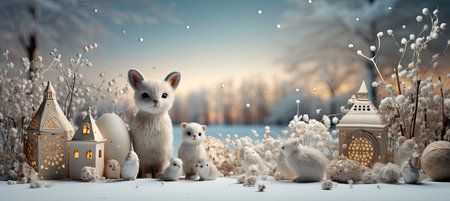 Festive snowy scene featuring snow-covered hills, a mountainous village, deer, woodland, pine trees, and reindeer. Seasonal natural backdrop with fox, elevations, and dwellingsの素材