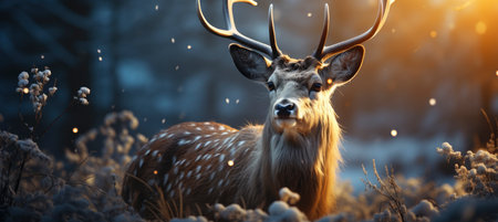 Festive snowy scene featuring snow-covered hills, a mountainous village, deer, woodland, pine trees, and reindeer. Seasonal natural backdrop with fox, elevations, and dwellingsの素材