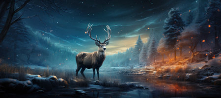 Festive snowy scene featuring snow-covered hills, a mountainous village, deer, woodland, pine trees, and reindeer. Seasonal natural backdrop with fox, elevations, and dwellingsの素材