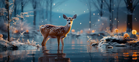 Festive snowy scene featuring snow-covered hills, a mountainous village, deer, woodland, pine trees, and reindeer. Seasonal natural backdrop with fox, elevations, and dwellingsの素材