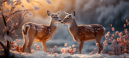 Festive snowy scene featuring snow-covered hills, a mountainous village, deer, woodland, pine trees, and reindeer. Seasonal natural backdrop with fox, elevations, and dwellingsの素材