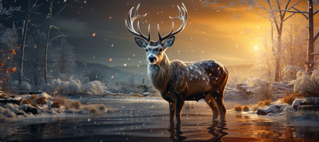 Festive snowy scene featuring snow-covered hills, a mountainous village, deer, woodland, pine trees, and reindeer. Seasonal natural backdrop with fox, elevations, and dwellingsの素材