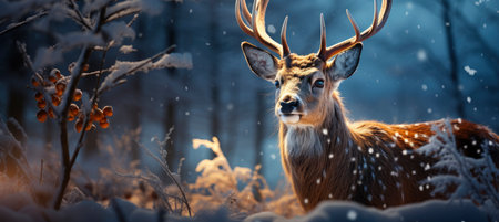 Festive snowy scene featuring snow-covered hills, a mountainous village, deer, woodland, pine trees, and reindeer. Seasonal natural backdrop with fox, elevations, and dwellingsの素材