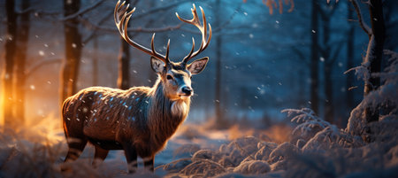 Festive snowy scene featuring snow-covered hills, a mountainous village, deer, woodland, pine trees, and reindeer. Seasonal natural backdrop with fox, elevations, and dwellingsの素材