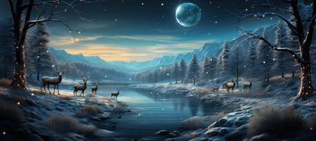 Festive snowy scene featuring snow-covered hills, a mountainous village, deer, woodland, pine trees, and reindeer. Seasonal natural backdrop with fox, elevations, and dwellingsの素材