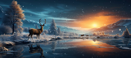 Festive snowy scene featuring snow-covered hills, a mountainous village, deer, woodland, pine trees, and reindeer. Seasonal natural backdrop with fox, elevations, and dwellingsの素材