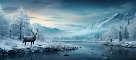 Festive snowy scene featuring snow-covered hills, a mountainous village, deer, woodland, pine trees, and reindeer. Seasonal natural backdrop with fox, elevations, and dwellingsの素材