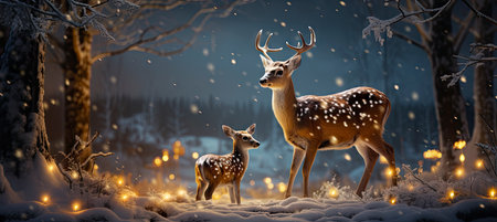 Festive snowy scene featuring snow-covered hills, a mountainous village, deer, woodland, pine trees, and reindeer. Seasonal natural backdrop with fox, elevations, and dwellingsの素材