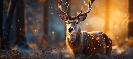 Festive snowy scene featuring snow-covered hills, a mountainous village, deer, woodland, pine trees, and reindeer. Seasonal natural backdrop with fox, elevations, and dwellingsの素材