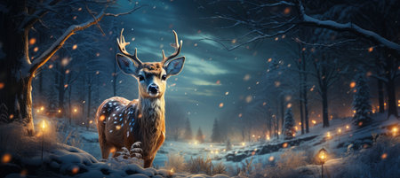 Festive snowy scene featuring snow-covered hills, a mountainous village, deer, woodland, pine trees, and reindeer. Seasonal natural backdrop with fox, elevations, and dwellingsの素材