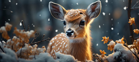 Festive snowy scene featuring snow-covered hills, a mountainous village, deer, woodland, pine trees, and reindeer. Seasonal natural backdrop with fox, elevations, and dwellingsの素材
