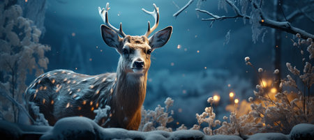 Festive snowy scene featuring snow-covered hills, a mountainous village, deer, woodland, pine trees, and reindeer. Seasonal natural backdrop with fox, elevations, and dwellingsの素材
