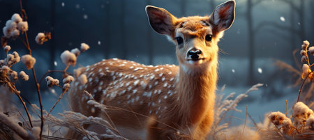Festive snowy scene featuring snow-covered hills, a mountainous village, deer, woodland, pine trees, and reindeer. Seasonal natural backdrop with fox, elevations, and dwellingsの素材