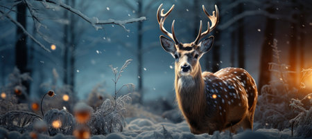 Festive snowy scene featuring snow-covered hills, a mountainous village, deer, woodland, pine trees, and reindeer. Seasonal natural backdrop with fox, elevations, and dwellingsの素材