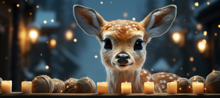 Festive snowy scene featuring snow-covered hills, a mountainous village, deer, woodland, pine trees, and reindeer. Seasonal natural backdrop with fox, elevations, and dwellingsの素材