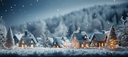 Festive snowy scene featuring snow-covered hills, a mountainous village, deer, woodland, pine trees, and reindeer. Seasonal natural backdrop with fox, elevations, and dwellingsの素材