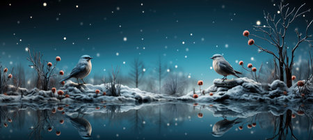 Festive snowy scene featuring snow-covered hills, a mountainous village, deer, woodland, pine trees, and reindeer. Seasonal natural backdrop with fox, elevations, and dwellingsの素材