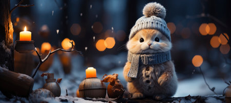 Festive snowy scene featuring snow-covered hills, a mountainous village, deer, woodland, pine trees, and reindeer. Seasonal natural backdrop with fox, elevations, and dwellingsの素材