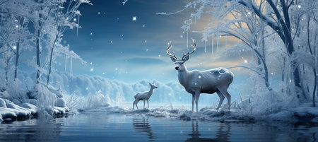 Festive snowy scene featuring snow-covered hills, a mountainous village, deer, woodland, pine trees, and reindeer. Seasonal natural backdrop with fox, elevations, and dwellingsの素材