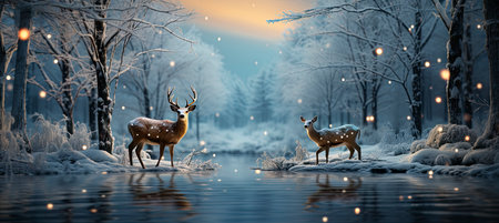 Festive snowy scene featuring snow-covered hills, a mountainous village, deer, woodland, pine trees, and reindeer. Seasonal natural backdrop with fox, elevations, and dwellingsの素材