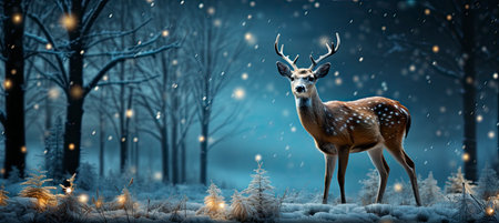 Festive snowy scene featuring snow-covered hills, a mountainous village, deer, woodland, pine trees, and reindeer. Seasonal natural backdrop with fox, elevations, and dwellingsの素材