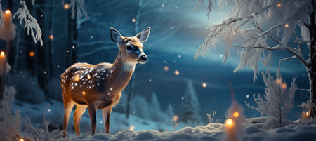 Festive snowy scene featuring snow-covered hills, a mountainous village, deer, woodland, pine trees, and reindeer. Seasonal natural backdrop with fox, elevations, and dwellingsの素材