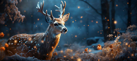 Festive snowy scene featuring snow-covered hills, a mountainous village, deer, woodland, pine trees, and reindeer. Seasonal natural backdrop with fox, elevations, and dwellingsの素材