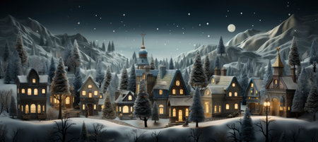 Festive snowy scene featuring snow-covered hills, a mountainous village, deer, woodland, pine trees, and reindeer. Seasonal natural backdrop with fox, elevations, and dwellingsの素材