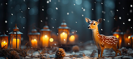 Festive snowy scene featuring snow-covered hills, a mountainous village, deer, woodland, pine trees, and reindeer. Seasonal natural backdrop with fox, elevations, and dwellingsの素材