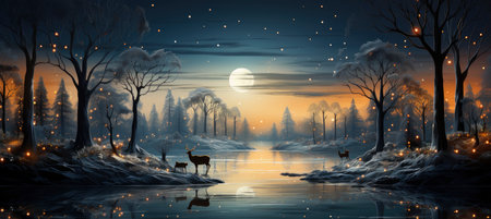 Festive snowy scene featuring snow-covered hills, a mountainous village, deer, woodland, pine trees, and reindeer. Seasonal natural backdrop with fox, elevations, and dwellingsの素材