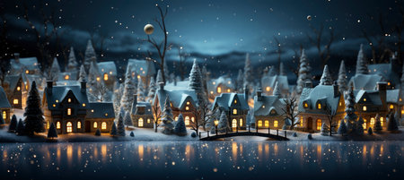 Festive snowy scene featuring snow-covered hills, a mountainous village, deer, woodland, pine trees, and reindeer. Seasonal natural backdrop with fox, elevations, and dwellingsの素材